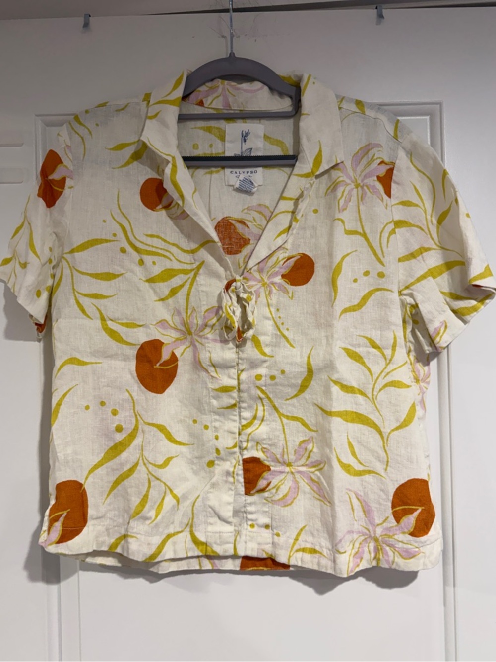 Calypso St Barth Linen Floral Tie Front Blouse Boho Top Women's Size Medium